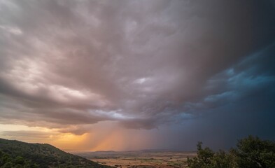 Wall Mural - Incredible sunset amidst storm clouds and rain curtains with orange and black sky.