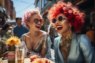 Zwei Frauen in extravaganten Outfits genießen ausgelassene Sonnenschein-Party mit Cocktails und Freude im Café