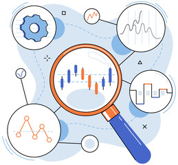 Fototapete - Bar chart viewed through magnifier. Concept of business growth, financial progress of startup project, statistical research, data analysis, development. Technical analysis, search for information