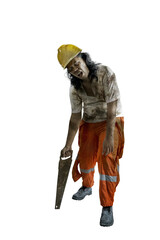 Sticker - A scary construction worker zombie with blood and wounds on his body walking while carrying a saw