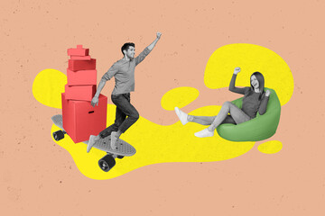 Sticker - Artwork collage picture of two excited people sit beanbag raise fists jump big skateboard deliver pile stack boxes isolated on beige background