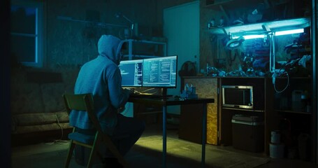 Poster - Backview Of Anonymous Professional Programmer Obsessively Writing a Code on His Desktop Computer, Late at Night In Garage. IT Specialist Ethical Hacker Working on Finding Software Vulnerabilities.