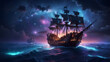 Pirate ship with galaxy on the sky
