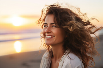 Close-up of a woman looking at a quiet beach at sunset. with a happy mood