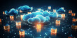 A digital cloud computing network is shown above a cityscape, Cloud computing concept design background, generative AI

