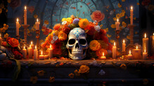A Lively Día De Los Muertos Tableau Featuring A Detailed Sugar Skull Centerpiece Surrounded By Flickering Candles And Marigold Garlands, 3D Rendered Illustration, A Tribute To The Day Of The Dead Trad