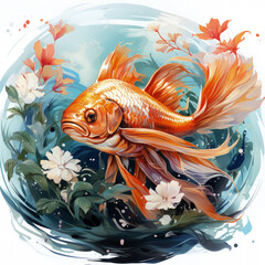 Wall Mural - Watercolor Goldfish Illustration, Generative Ai