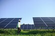 © Serhii - An Indian male engineer in a green vest is working on a field of solar panels. The concept of renewable energy.