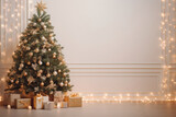 Fototapeta Panele - Christmas Holiday Background, Christmas table background with decorated Christmas tree and garlands. Beautiful Empty Christmas room. Generative AI