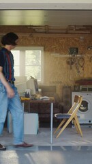 Leinwandbilder - Vertical Screen: Caucasian Man Opening Garage Door And Sitting Behind Old Desktop Computer In Retro Garage. Male E-commerce Startup Founder Creating Online Service In Nineties. Nostalgia Concept.
