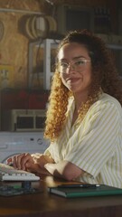 Poster - Vertical Screen: Hispanic Female Software Engineer Programming On Old Desktop Computer In Retro Garage, Looking At Camera And Smiling. Woman Starting an Innovative Startup Company In Nineties.
