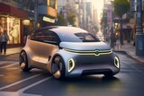 Fototapeta Miasto - Small Compact Electric Car Navigating City Streets Created with Generative AI