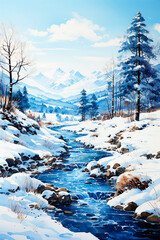 Watercolor illustration, winter landscape, snow-covered trees in the forest and a stream against the backdrop of mountains. Greeting card. Vertical image.