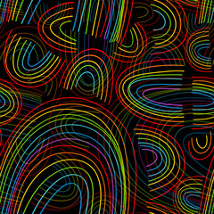 Seamless pattern simple rainbow lines on a black background. hand drawing. Not AI, Illustrat3. Vector illustration