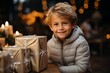 young child kid, at home with a christmas present, christmas eve, anticipation and christmas mood