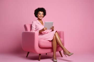 girl in pink clothes holding a laptop on a pink background generative ai