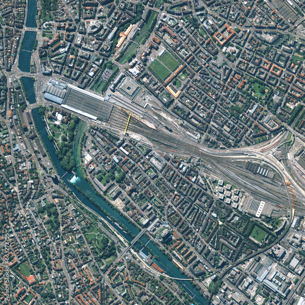 Street, buildings and top view of earth map with nature, water and ...
