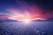 Winter Panorama Landscape. Field And Mountains Covered Snow. Sunrise, Winterly Morning Of A New Day. Purple Landscape With Sunset. Happy New Year And Christmas Concept