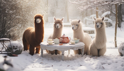 Wall Mural - breakfast with alpacas outdoors in winter