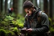 Nature's stewards - environmental conservation surveyors in the forest, meticulously recording data for field research, demonstrating unwavering dedication to nature conservation and sustainability.