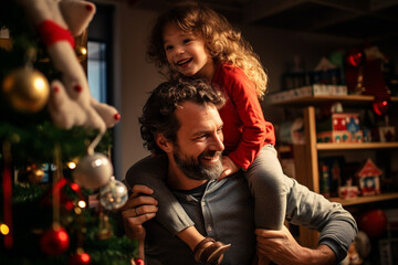 Wall Mural - happy smiling father and daughter with Christmas tree family have fun and celebrating Christmas