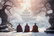 Three buddhist meditating monks in winter