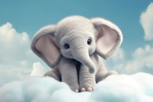 Cute Baby Elephant Sit On Fluffy Cloud Illustration