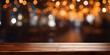 Bokeh lights on blurred dining background of empty wood table top Empty wooden table with lights bokeh on blur restaurant background Ai Generative