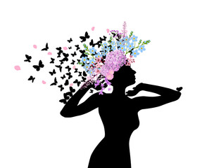 Wall Mural - Silhouette of a girl with flowers and butterflies in her hair. hand drawing. Not AI, Illustrat3 . Vector illustration