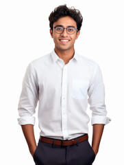 Young indian man in white formal shirt giving happy expression