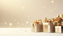 Gold Gift Box With Ribbon And Bow On Beige Background With Empty Copy Space