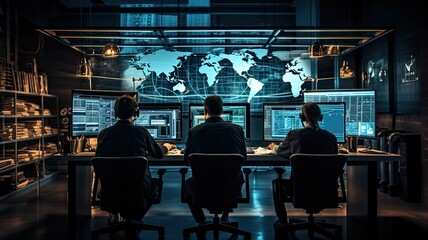 Aufkleber - An image of cybersecurity professionals monitoring network security and defending against cyber threats, illustrating the importance of protecting digital assets