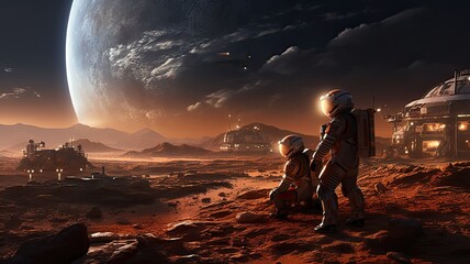Aufkleber - An image of astronauts on Mars or in a spacecraft, illustrating humanity's ongoing quest to explore and colonize space