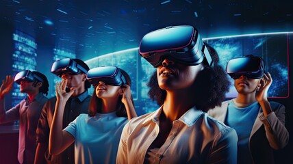 Poster - An image of users wearing AR glasses or VR headsets, immersing themselves in virtual worlds, gaming, and educational experiences