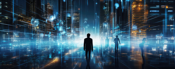 Poster - Business people walking in city with glowing details