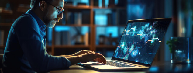 Poster - Side view of man using laptop at office late night