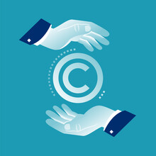 Hands Of A Businessman Hold An Icon With A Copyright Symbol. Intellectual Property Concept. Copyright And Legislation. Property Rights And Brand Patent Protection. Vector Illustration Flat Design.