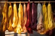 Colorful skeins of silk thread hanging on a rope in a shop, Dyeing fabrics yarn in dyeing farm production, AI Generated