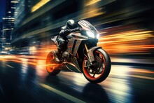 Motorcycle On The Road With Motion Blur Background. Concept Of Speed, EBR Racing Motorcycle With Abstract Long Exposure Dynamic Speed Light Trails In An Urban Environment City, AI Generated