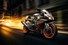Motorcycle On The Road With Motion Blur Background. 3d Rendering, EBR Racing Motorcycle With Abstract Long Exposure Dynamic Speed Light Trails In An Urban Environment City, AI Generated