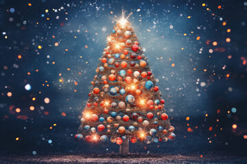Poster - Christmas tree decorated with ornaments and shiny bokeh dots around it