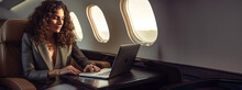 Business Woman On A Plane Using A Laptop Banner Generative AI