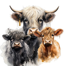 Three Cute Aberdeen Angus Cow Watercolor Png Graphic