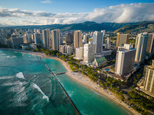 Aerial View of Waikiki Beach, Kuhio Beach and Queens Beach, O'ahu, Hawaii, United States.