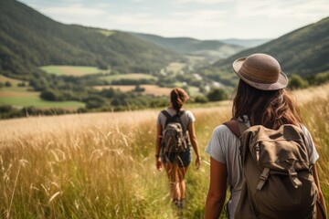 Friends hiking together in the mountains in the vacation trip week. fields and hills with grass. Generative AI