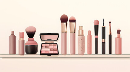 Makeup Collection with Various Beauty Products in Pink Tones.