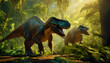 two Tyrannosaurus rex in the jungle, light shines through. 2 Tyrannosaurus Rex dinosaur in green prehistoric jungle forest on a Sunny morning. lush rain forest. Generative AI