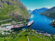 Aerial View Of A Cruise Ship Docked In Flam Port, Norway.