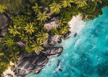 Aerial View Of La Digue Beach, A Beautiful Tropical Beach Along The Coastline In La Digue And Inner Islands, Seychelles.