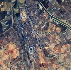 aerial, state map and satellite view of landscape, nature and city outdoor with field. land, urban a